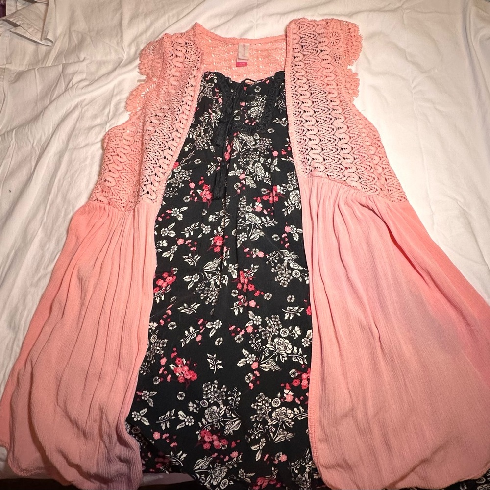 Cute flower imprinted dress, barely worn with pink cover up blouse.
